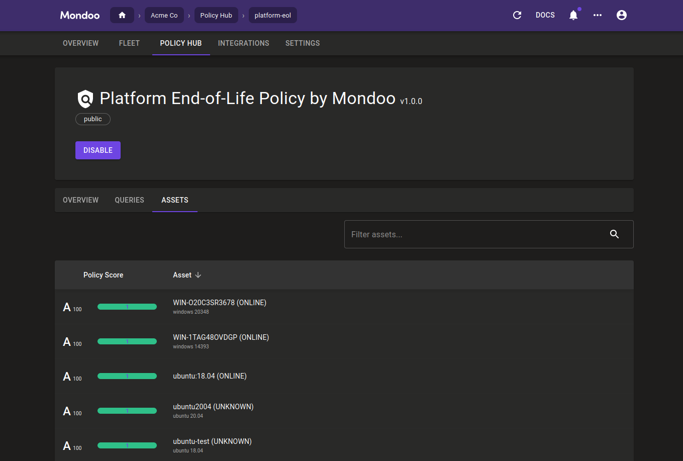 Asset view in Policy Hub of Mondoo Platform