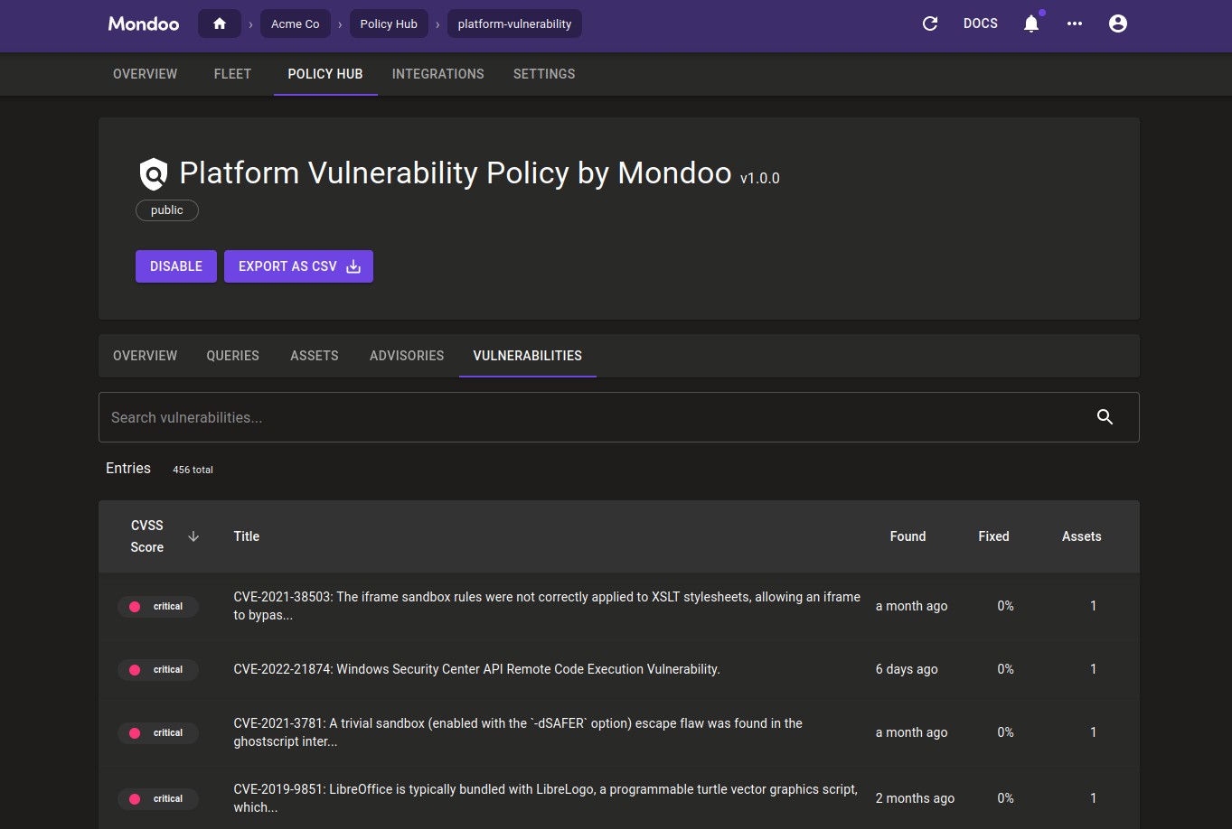 Advisories and Vulnerabilities tabs in the Policy Hub of the Mondoo Platform