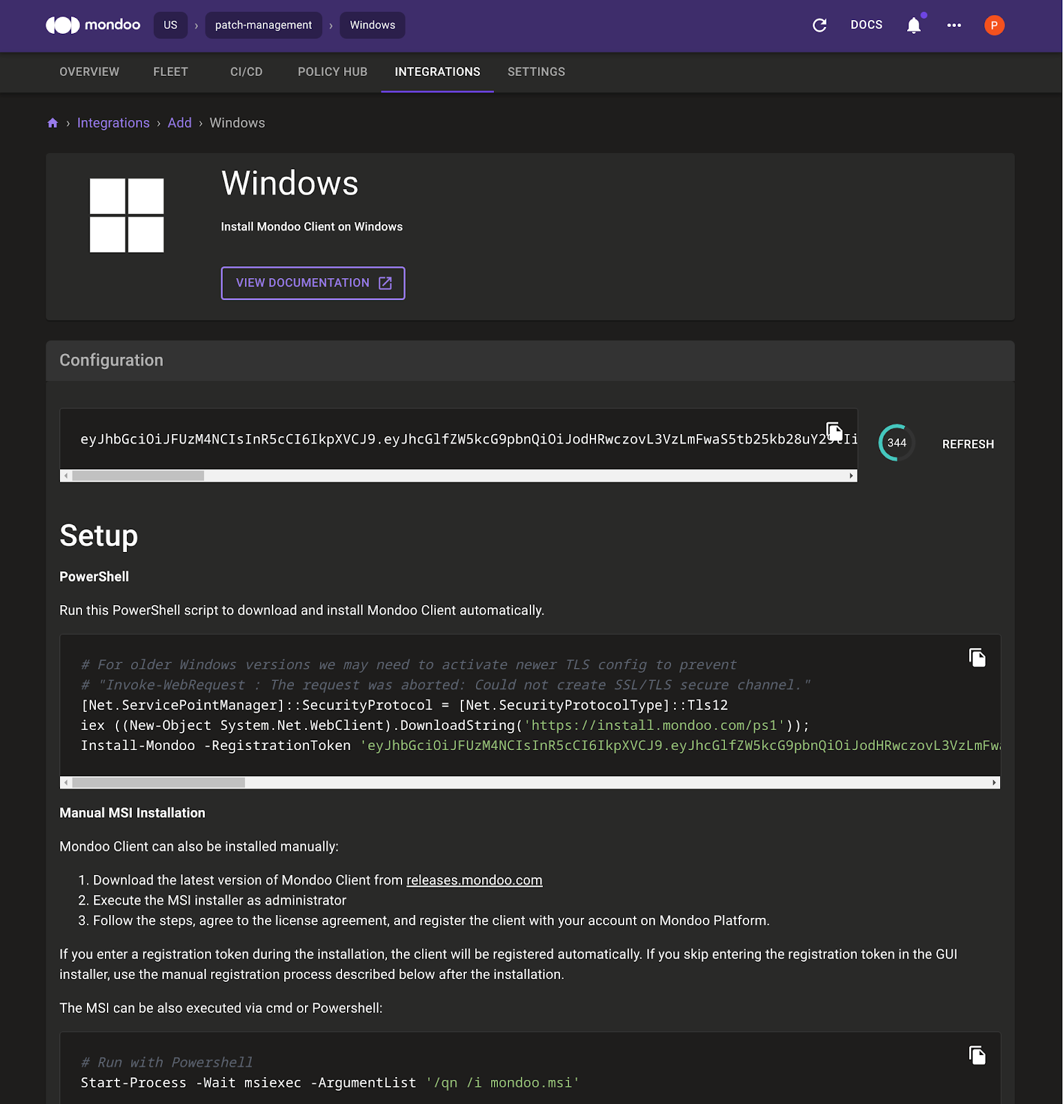 windows integration page mondoo-1